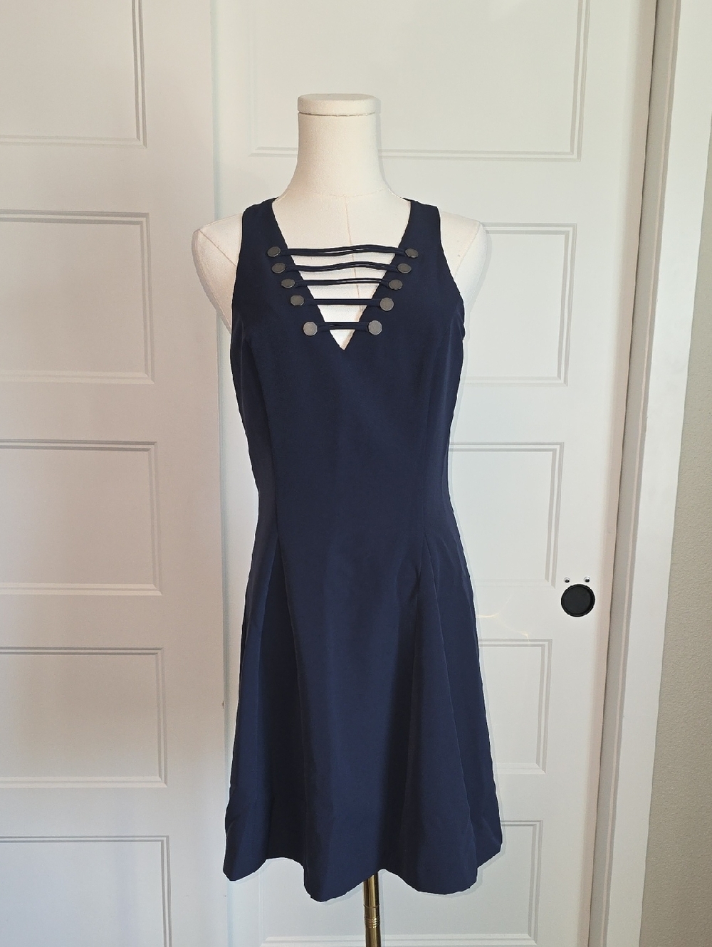 Greylin Navy Mini Dress with Ladder V-Strap Detail